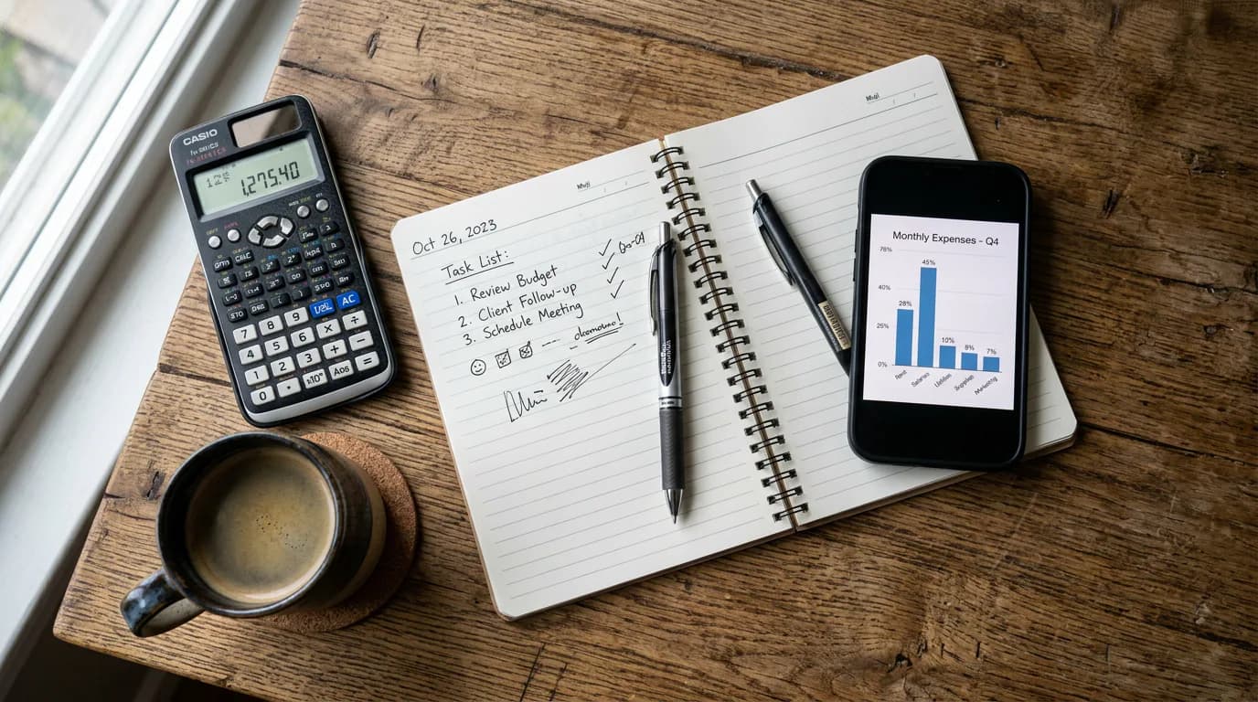 Photographie : bureau, documents, calculatrice et téléphone (cadre administratif)